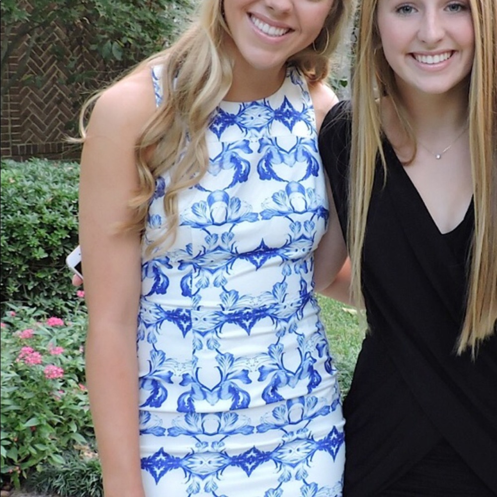 white and blue pattern dress